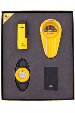 Cohiba Çakmak Kesici Küllük Sehpa Dörtlü Sarı-Siyah Puro Seti