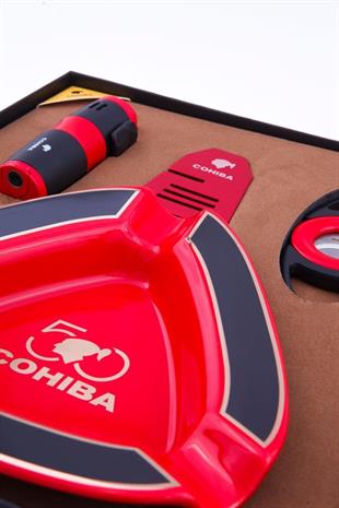 Cohiba Çakmak Kesici Puro Tutucu Masa Küllük Dörtlü Kırmızı Puro Seti