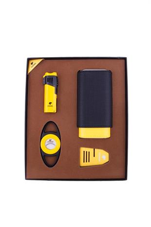 Cohiba Çakmak Kesici Puro Tutucu Masa Kılıf Dörtlü Sarı Puro Seti