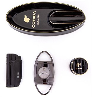 Cohiba Çakmak Kesici Küllük Sehpa Dörtlü Puro Siyah-Gunmetal Set