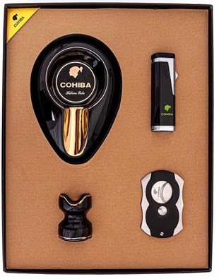 Cohiba Çakmak Kesici Küllük Sehpa Siyah Dörtlü Puro Set