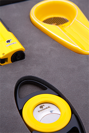 Cohiba Çakmak Kesici Küllük Sehpa Dörtlü Sarı-Siyah Puro Seti