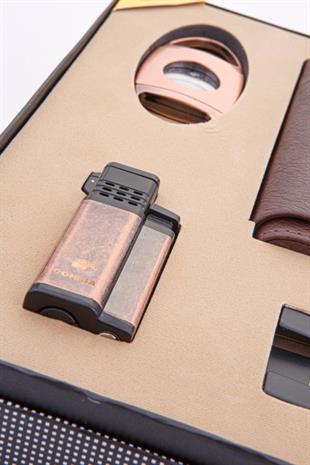 Cohiba Kahverengi Çakmak Kesici Kılıf Sehpa Dörtlü Puro Seti