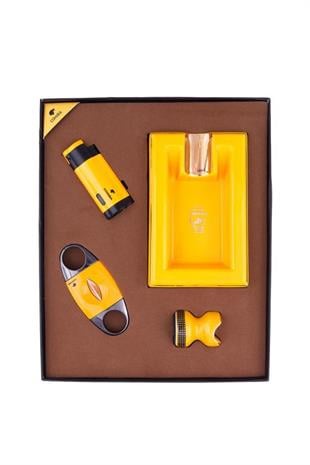 Cohiba Çakmak V Kesici Küllük Puro Masası Dörtlü Sarı Puro Seti