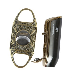Cohiba Gunmetal Çakmak Gold Kesici İkili Set