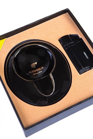 Cohiba İkili Çakmak Küllük Siyah Puro Set