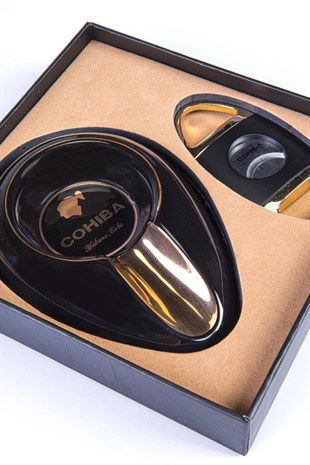 Cohiba İkili Küllük Kesici Siyah-Gold Puro Set