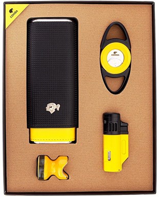 Cohiba Kılıf Çakmak Kesici Sehpa Dörtlü Sarı-Siyah Puro Set