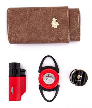 Cohiba Kılıf Çakmak Kesici Sehpa Dörtlü Kırmızı-Siyah Puro Set