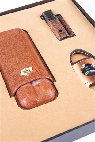 Cohiba Üçlü Çakmak Kesici Kılıf Bronz Puro Set