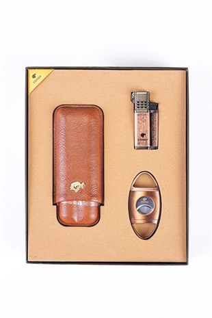 Cohiba Üçlü Çakmak Kesici Kılıf Bronz Puro Set