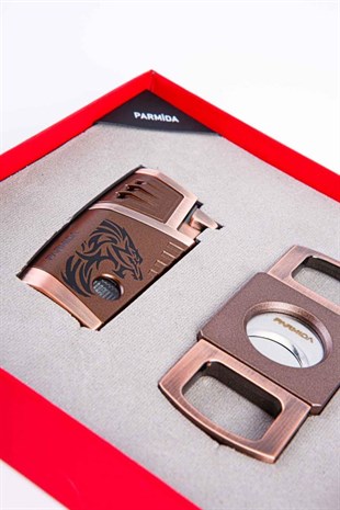 Parmida Bronz Çakmak Kesici İkili Puro Seti