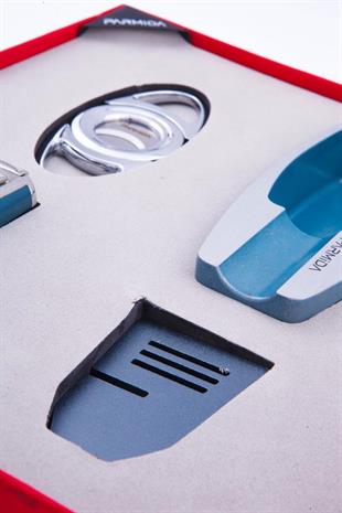 Parmida Çakmak Kesici Küllük Puro Tutucu Masa Dörtlü Mavi Puro Seti