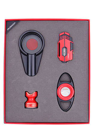 Parmida Çakmak Kesici Küllük Masa Dörtlü Kırmızı-Siyah Puro Seti