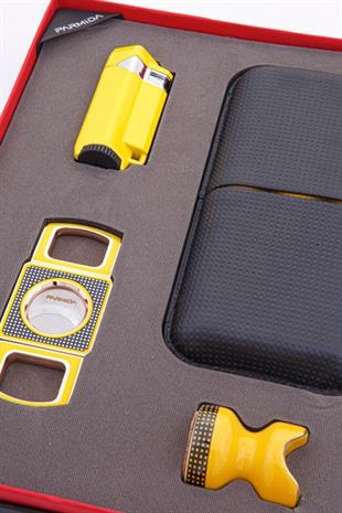 Parmida Sarı Çakmak Kesici Kılıf Sehpa Dörtlü Puro Seti