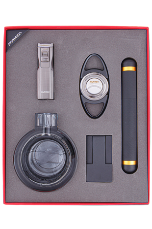 Parmida Çakmak Kesici Küllük Sehpa Puro Tüpü Beşli Siyah Puro Seti