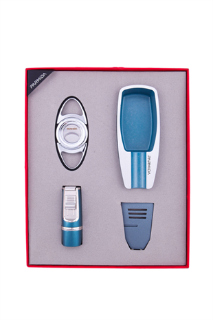 Parmida Çakmak Kesici Küllük Puro Tutucu Masa Dörtlü Mavi Puro Seti