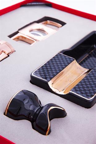 Parmida Çakmak Kesici Küllük Puro Tutucu Masa Dörtlü Gold Puro Seti