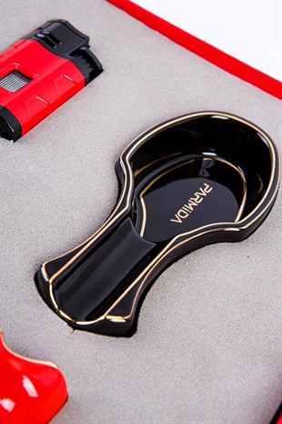 Parmida Kırmızı Siyah Çakmak Küllük Kesici Tutucu Dörtlü Puro Seti