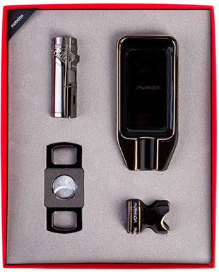 Parmida Siyah Çakmak Küllük Kesici Tutucu Dörtlü Puro Seti