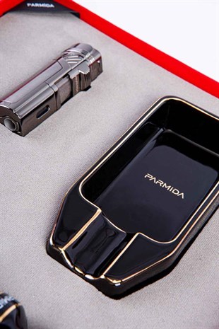 Parmida Siyah Çakmak Küllük Kesici Tutucu Dörtlü Puro Seti