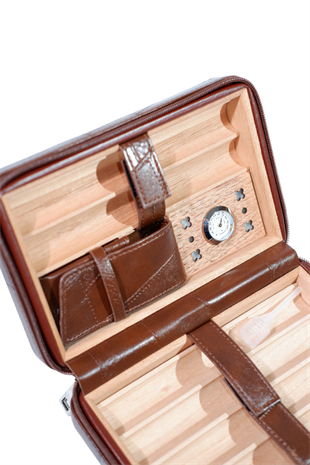 Cohiba  Dahili Çakmaklı Kahverengi Desenli Deri Puro Taşıma Çantası - Seyahat Humidoru