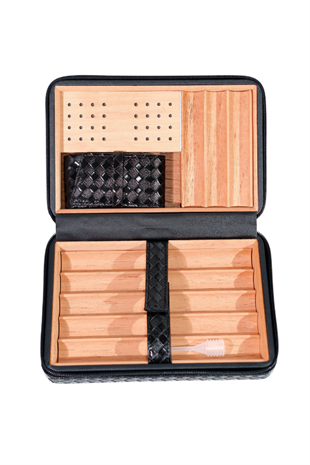 Cohiba Dahili Çakmaklı Siyah Mozaik Desenli Deri Puro Taşıma Çantası - Seyahat Humidoru