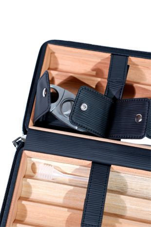 Cohiba Çakmak Kesicili Siyah Çizgili Deri Puro Taşıma Çantası - Seyahat Humidoru