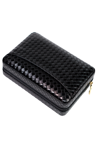 Cohiba Dahili Çakmaklı Siyah Mozaik Desenli Deri Puro Taşıma Çantası - Seyahat Humidoru