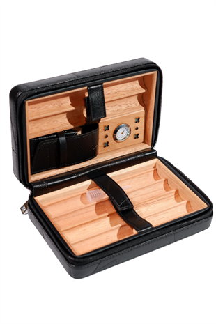 Cohiba Dahili Çakmaklı Siyah Desenli Deri Puro Taşıma Çantası - Seyahat Humidoru