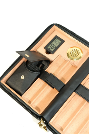 Cohiba Dahili Çakmak Siyah Deri Puro Taşıma Çantası & Seyahat Humidoru