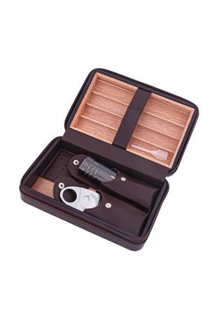 Cohiba Koyu Kahverengi Çakmak Kesicili Deri Puro Taşıma Çantası