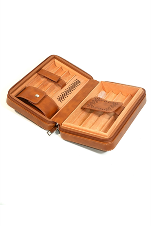 Cohiba Dahili Çakmak Kahverengi Deri Puro Taşıma Çantası & Seyahat Humidoru