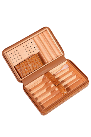 Cohiba Dahili Çakmaklı Kahverengi Mozaik Desenli Deri Puro Taşıma Çantası - Seyahat Humidoru