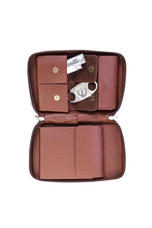 PQ Çakmak Kesicili Koyu Kahverengi Deri Puro Taşıma Çantası