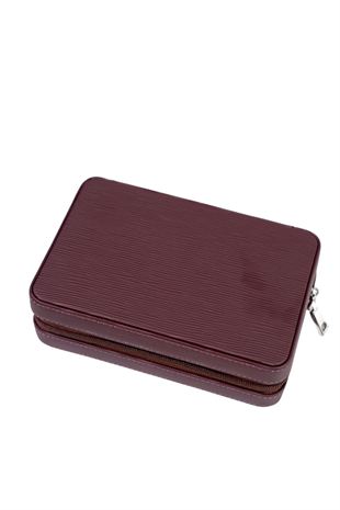 Cohiba Bordo Çizgili Dahili Çakmak Kesicili Deri Puro Taşıma Çantası - Seyahat Humidoru