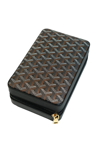 Cohiba Çakmak Kesicili Goyard Desenli Siyah Deri Puro Taşıma Çantası & Seyahat Humidoru