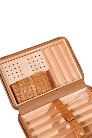 Cohiba Dahili Çakmaklı Kahverengi Mozaik Desenli Deri Puro Taşıma Çantası - Seyahat Humidoru