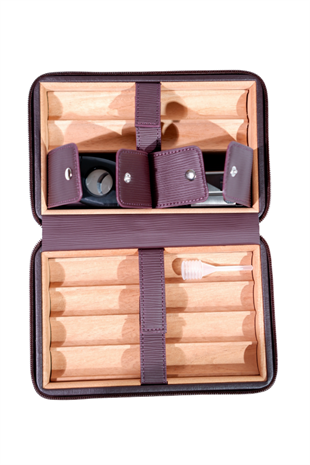 Cohiba Bordo Çizgili Dahili Çakmak Kesicili Deri Puro Taşıma Çantası - Seyahat Humidoru