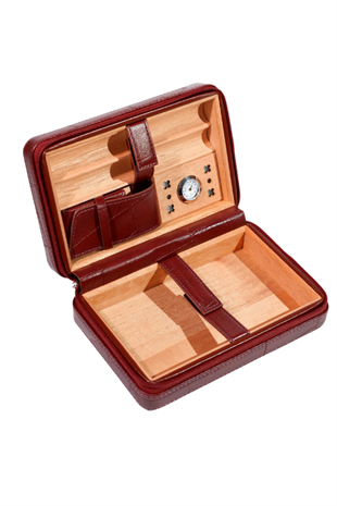 Cohiba Dahili Çakmaklı Bordo Desenli Deri Puro Taşıma Çantası - Seyahat Humidoru