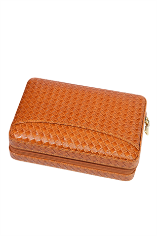 Cohiba Dahili Çakmaklı Kahverengi Mozaik Desenli Deri Puro Taşıma Çantası - Seyahat Humidoru