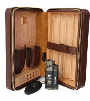 Cohiba Kahverengi Kesici ve Çakmaklı Deri Puro Taşıma Çantası