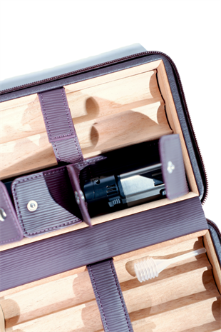 Cohiba Bordo Çizgili Dahili Çakmak Kesicili Deri Puro Taşıma Çantası - Seyahat Humidoru