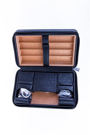 Cohiba Siyah Çakmak Kesicili Deri Puro Taşıma Çantası & Seyahat Humidoru