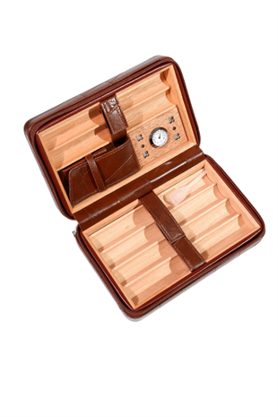 Cohiba  Dahili Çakmaklı Kahverengi Desenli Deri Puro Taşıma Çantası - Seyahat Humidoru