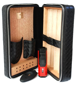 Cohiba Siyah Kesici ve Çakmaklı Deri Puro Taşıma Çantası