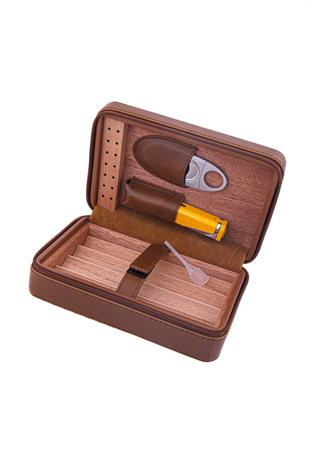 Cohiba Kahverengi Deri Çakmak Kesicili Puro Taşıma Çantası
