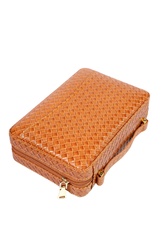 Cohiba Dahili Çakmaklı Kahverengi Mozaik Desenli Deri Puro Taşıma Çantası - Seyahat Humidoru