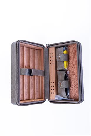 Cohiba Füme Çakmak Kesicili Deri Puro Taşıma Çantası & Seyahat Humidoru