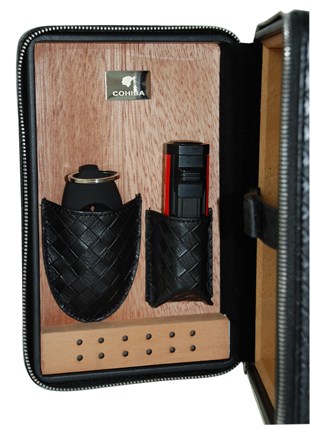 Cohiba Siyah Kesici ve Çakmaklı Deri Puro Taşıma Çantası